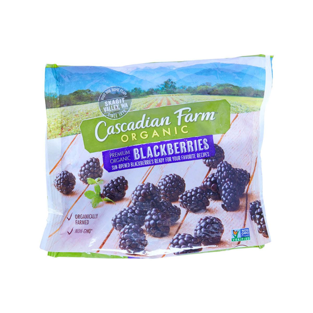 CASCADIAN FARM organic blackberries pouch with berry print and labeling