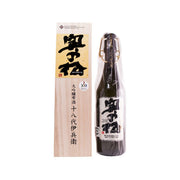 OKUNOMATSU daiginjo sake bottle with wooden presentation box, dark liquid, black label
