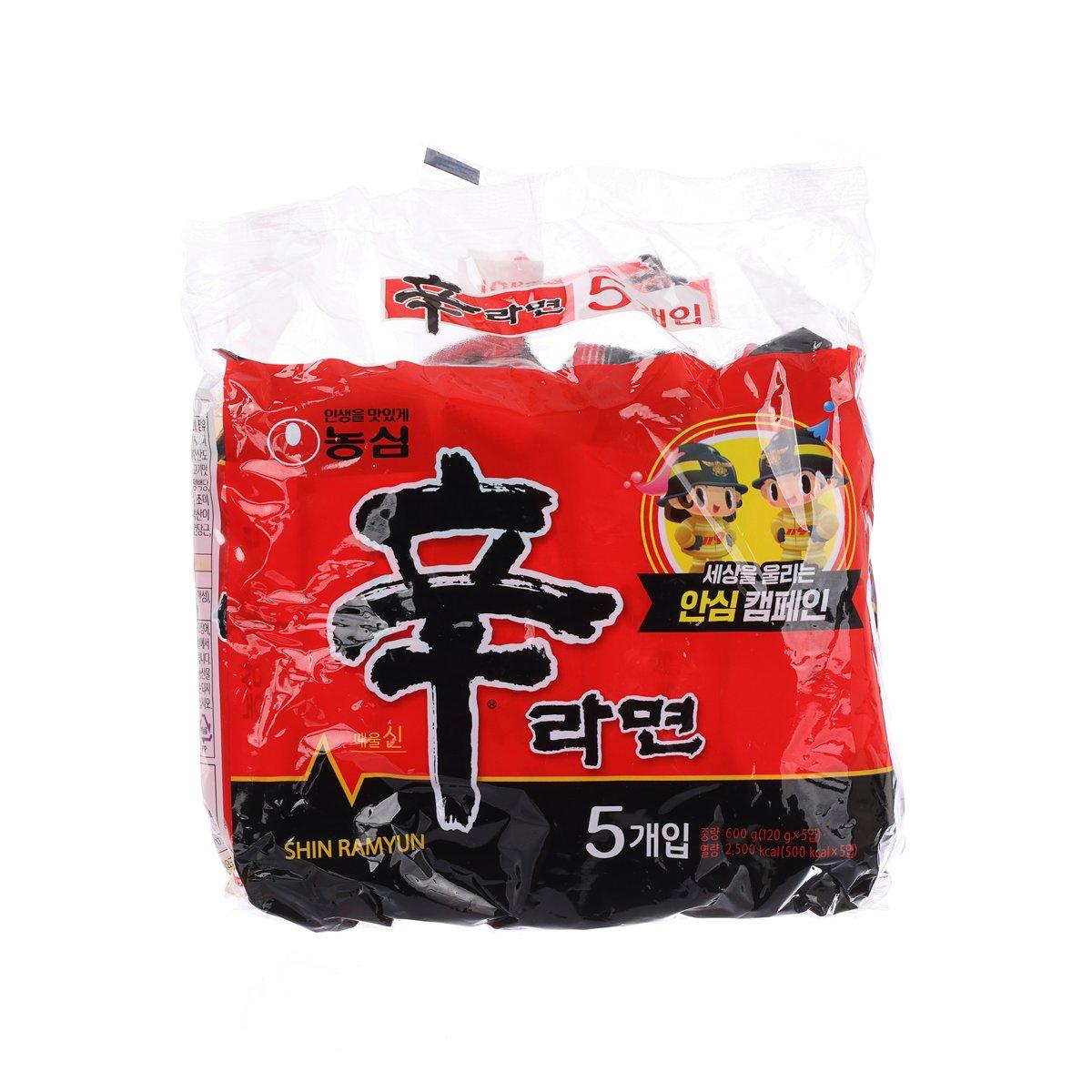 Nong Shim Shin Ramyun 5-pack instant ramen noodles, red and black outer bag