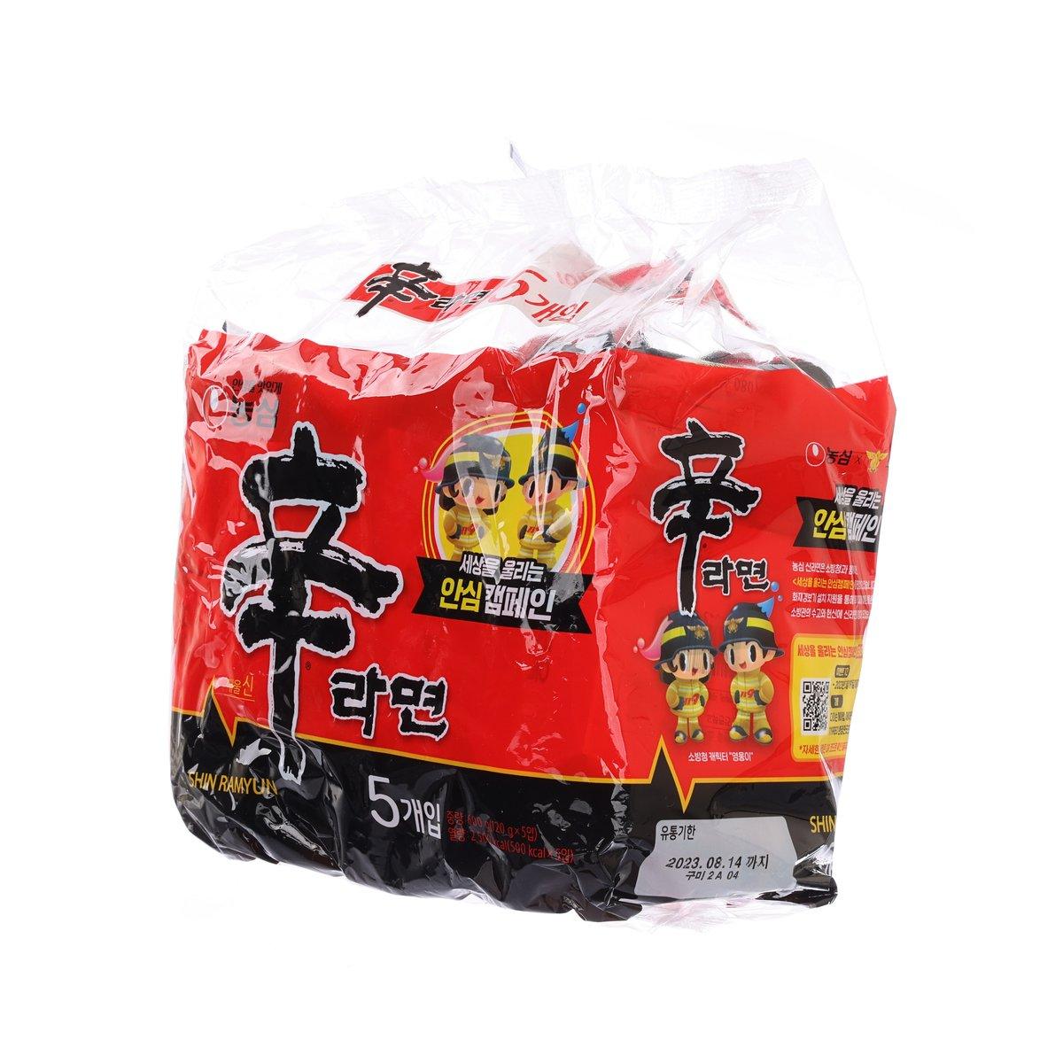 Nong Shim Shin Ramyun 5-pack instant ramen noodles, red package with side graphics