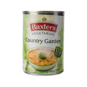 Baxters vegetarian country garden soup can, green label with front bowl artwork.