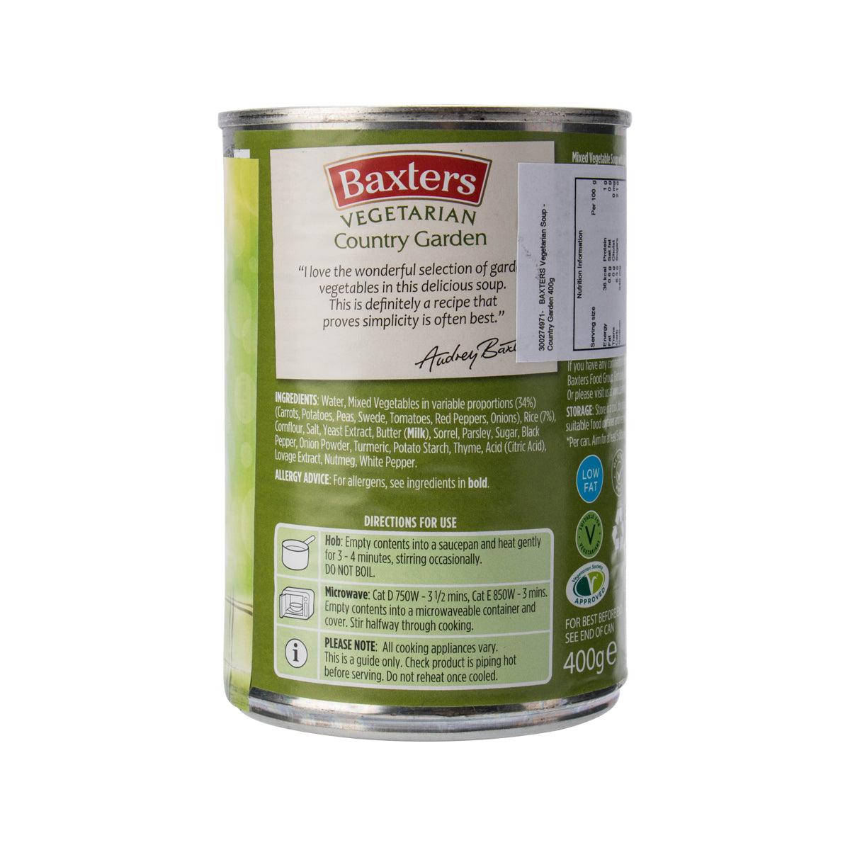 Baxters vegetarian soup can back label with directions and ingredient list.