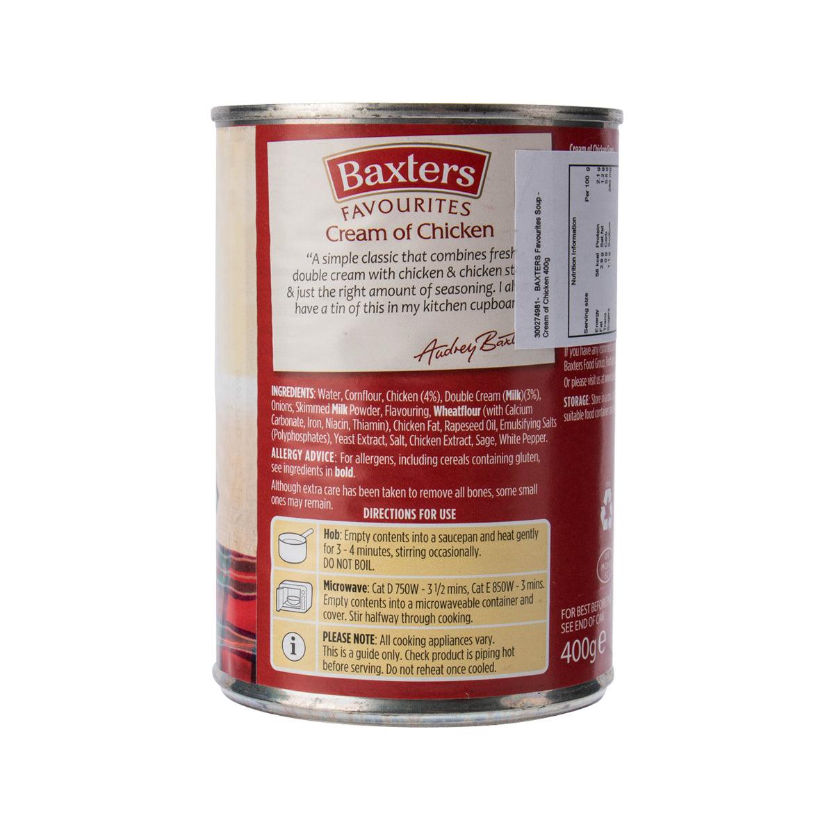 Cream of Chicken soup can, back label with ingredients and cooking directions, 400g