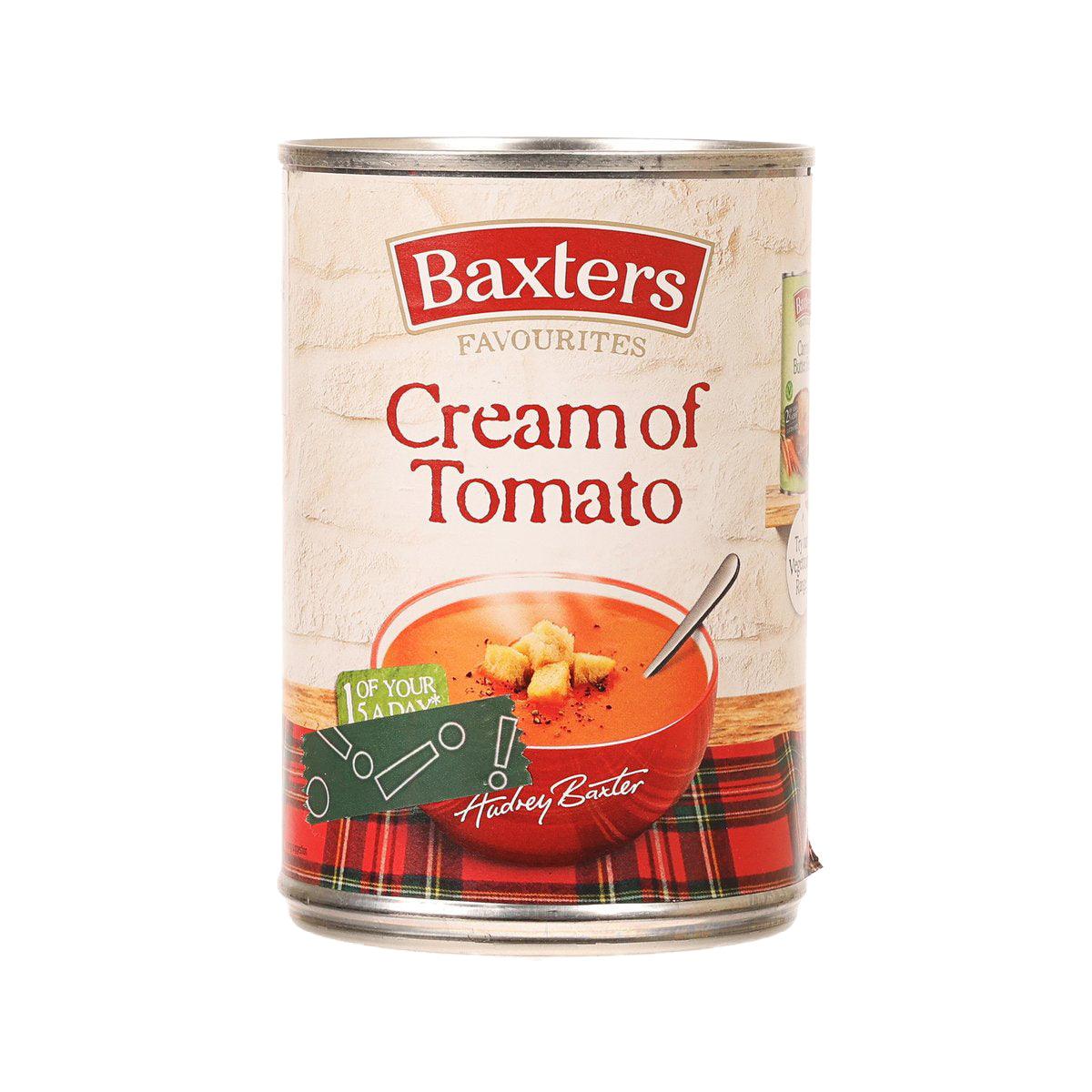 Baxters Cream of Tomato soup can, front label with red tartan base design
