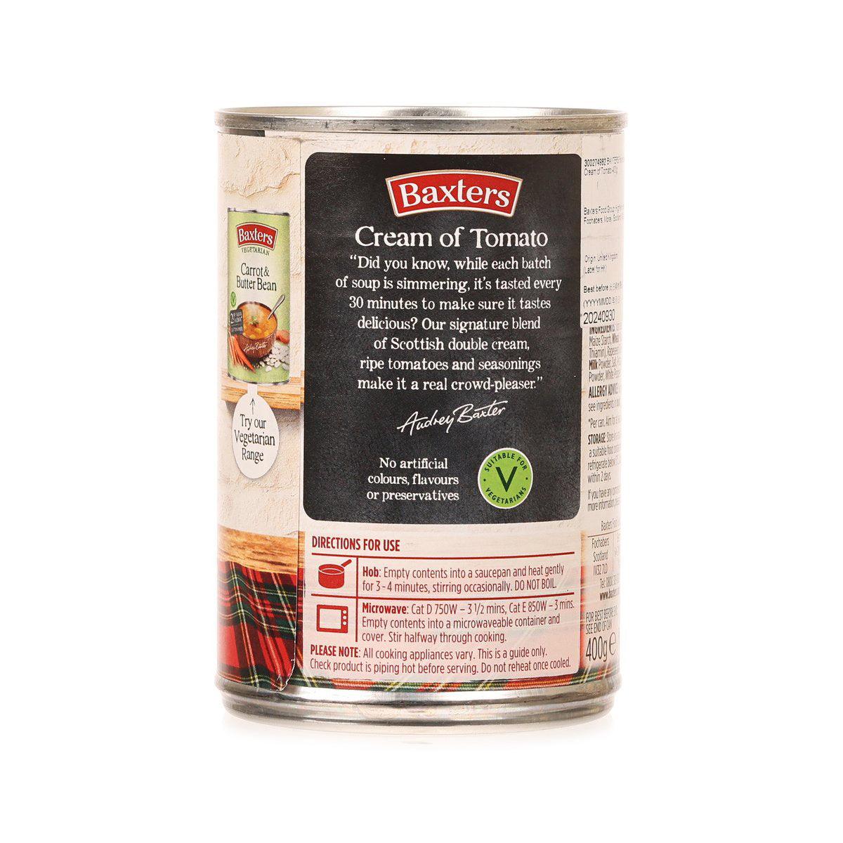 Baxters Cream of Tomato soup can, back panel with directions and allergen info