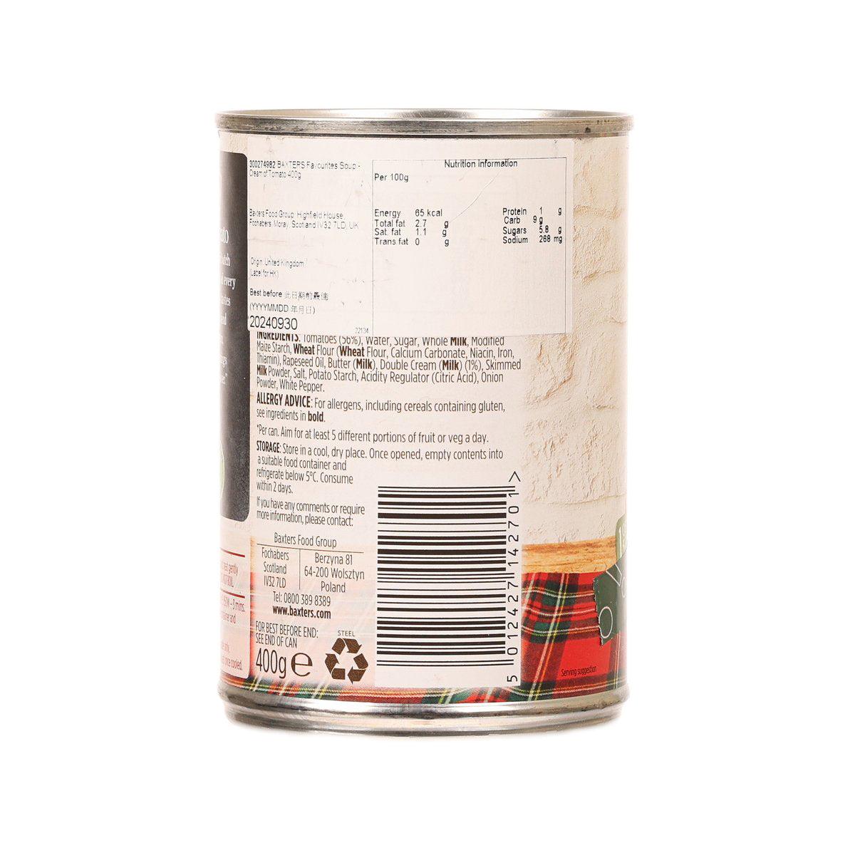 Baxters Cream of Tomato soup can, nutrition information and barcode on back