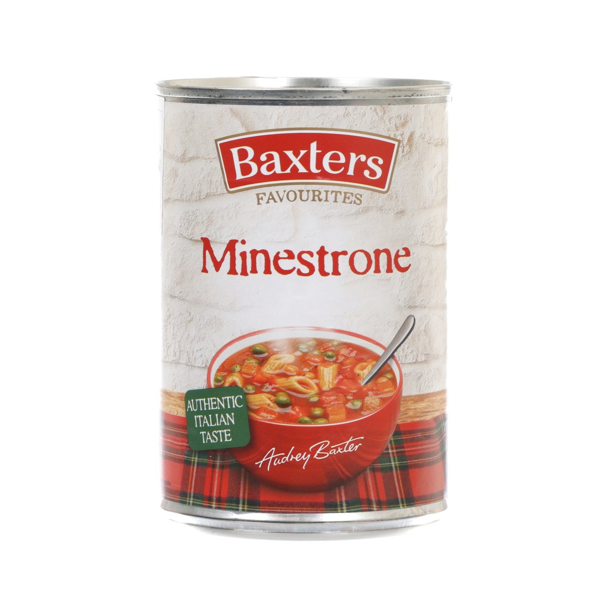 BAXTERS Favourites minestrone soup can, front label with bowl and spoon graphic