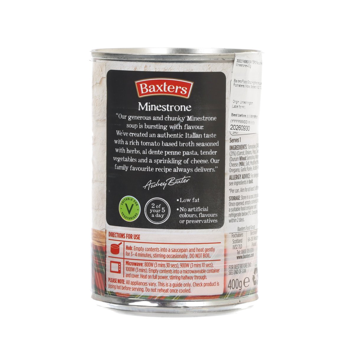 BAXTERS Favourites minestrone soup can, back label with directions and claims