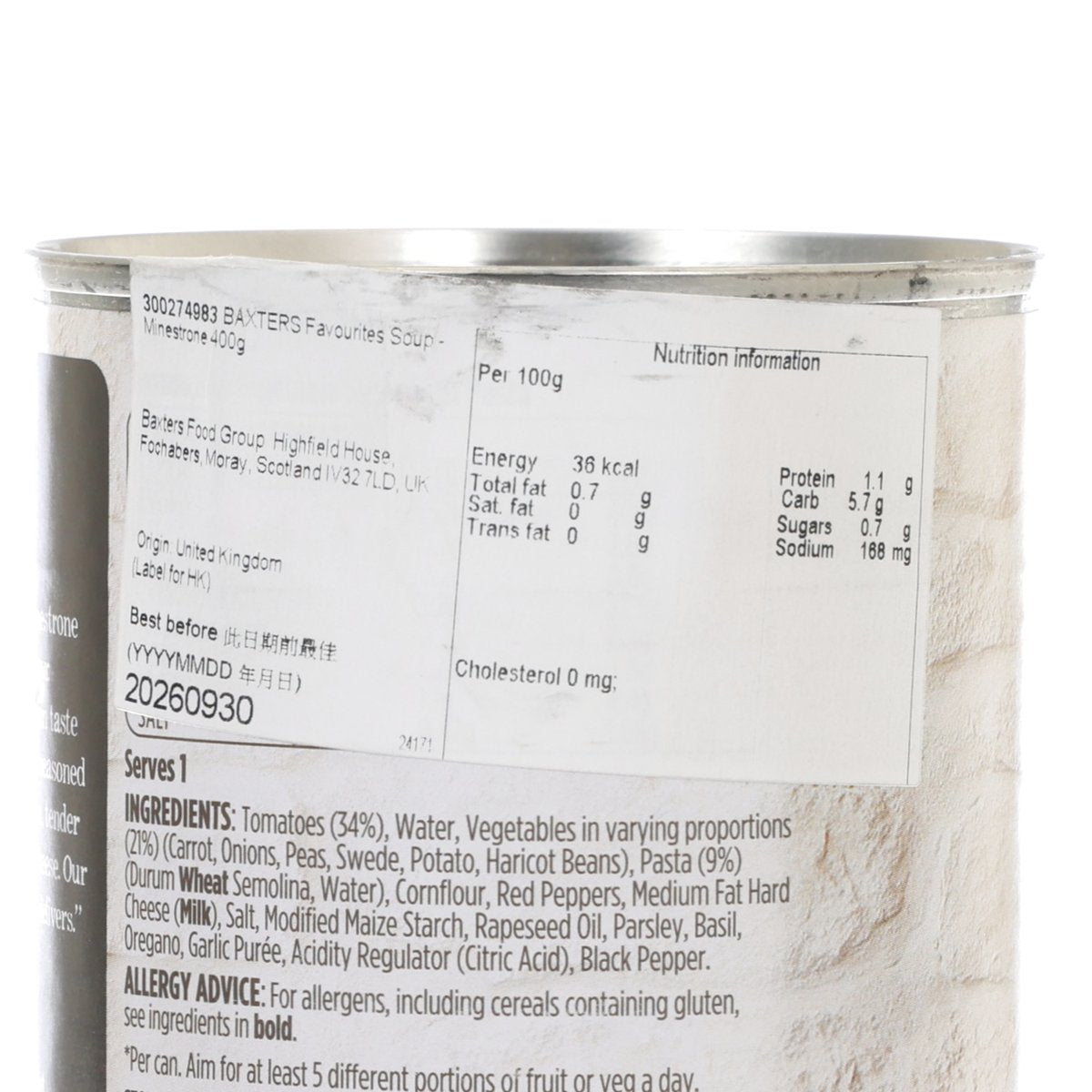 BAXTERS Favourites minestrone soup can, nutrition information label close-up