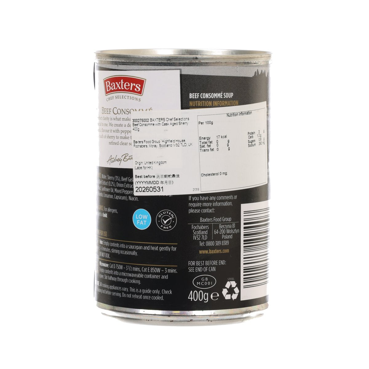 BAXTERS Beef consomme soup can with back label, nutrition and ingredients, 400 g