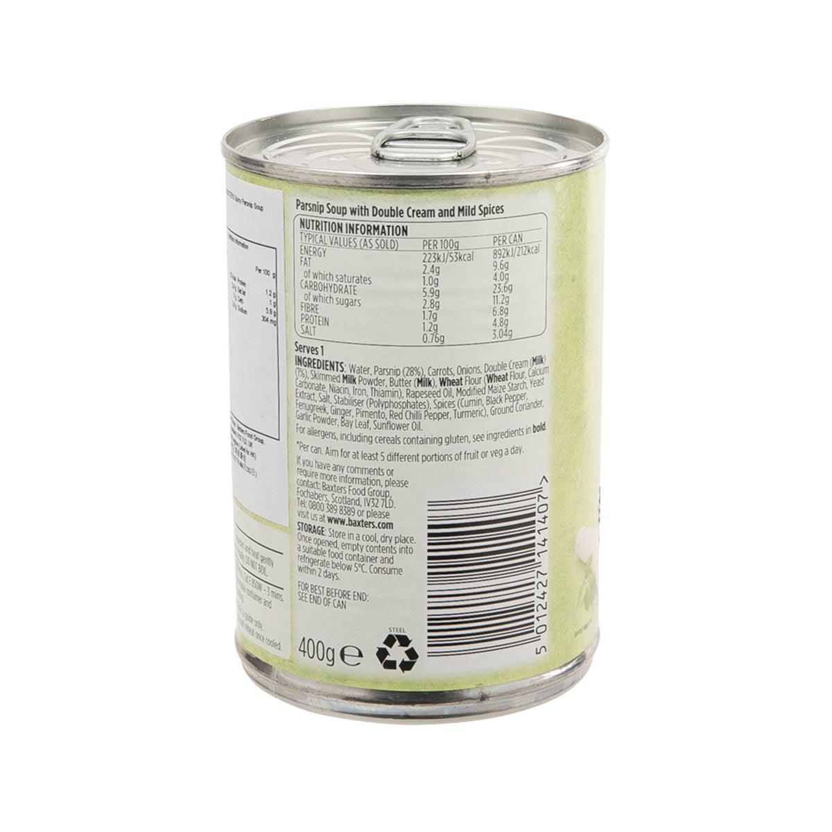 Vegetarian spicy parsnip soup can back label with barcode, 400g