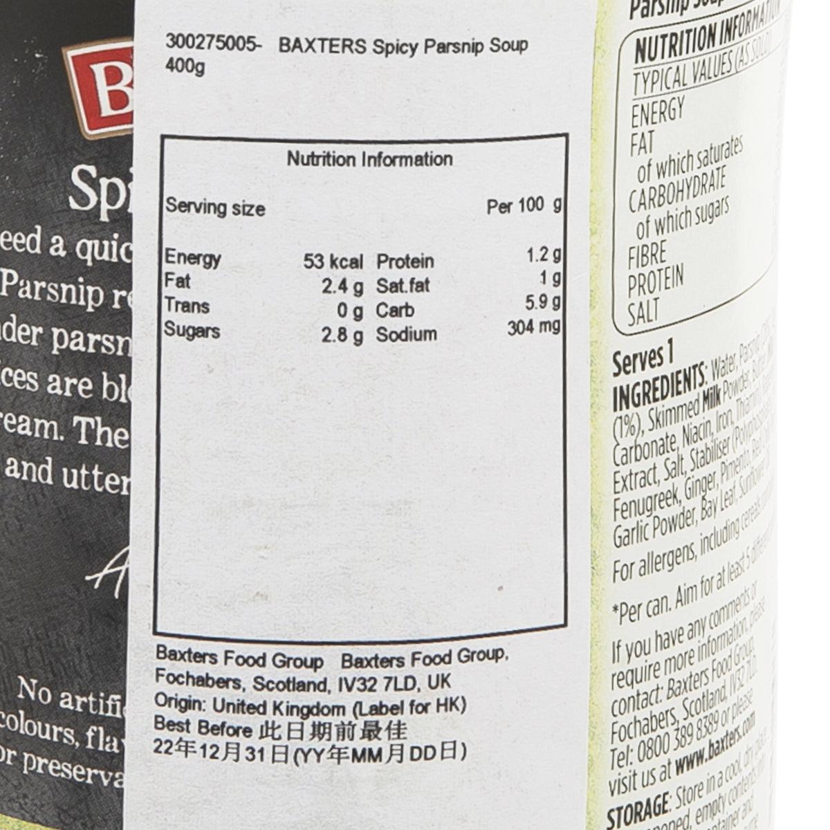 Spicy parsnip soup nutrition facts panel on Baxters can