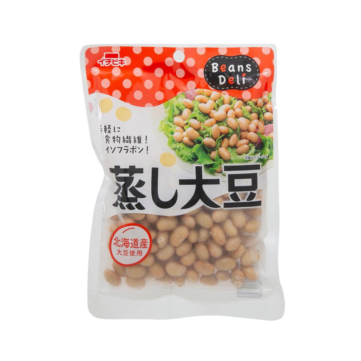 ICHIBIKI steamed soy beans pouch, clear window showing brown beans, 100 g