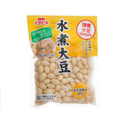 Boiled soy beans in clear plastic pouch with front label, beige beans visible