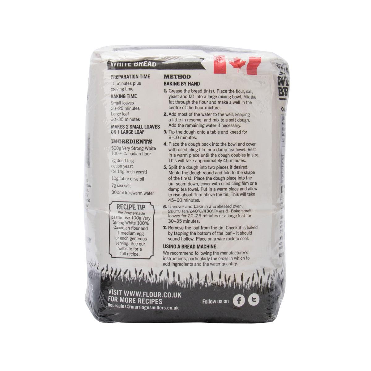 MARRIAGE's strong white bread flour bag, back panel with ingredients and recipes