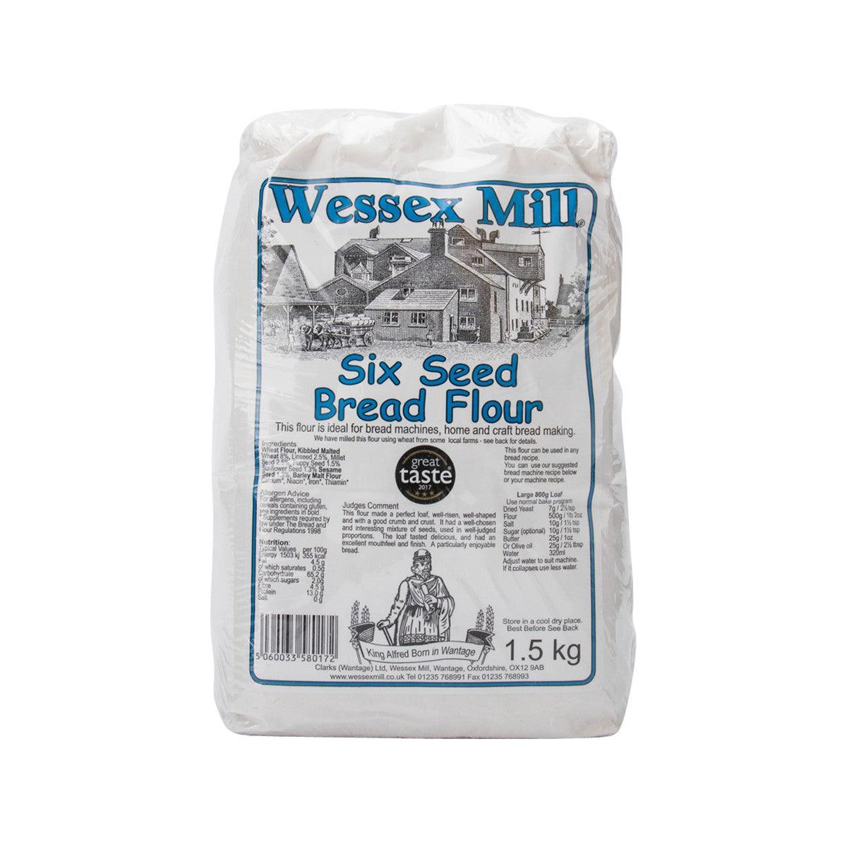 WESSEX MILL six seed bread flour bag, 1.5 kg, front label in blue