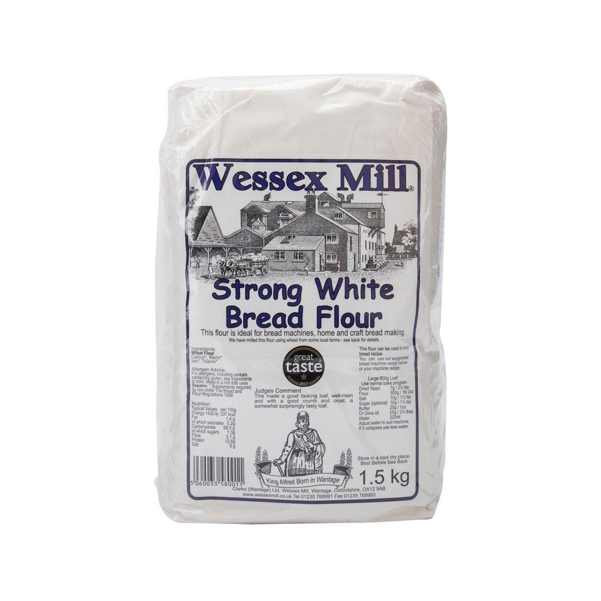 Wessex Mill strong white bread flour 1.5 kg bag, front label
