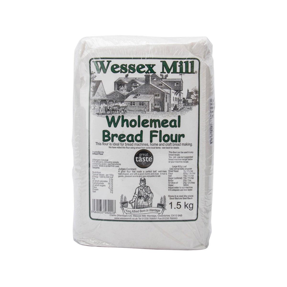Wholemeal bread flour 1.5 kg bag, WESSEX MILL front label