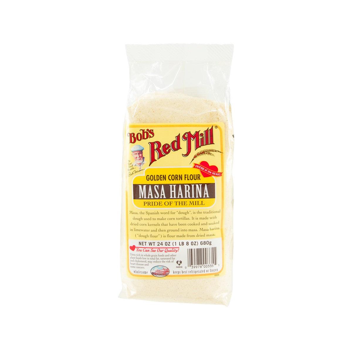 Golden corn masa harina flour bag, light beige, with red and yellow brand label