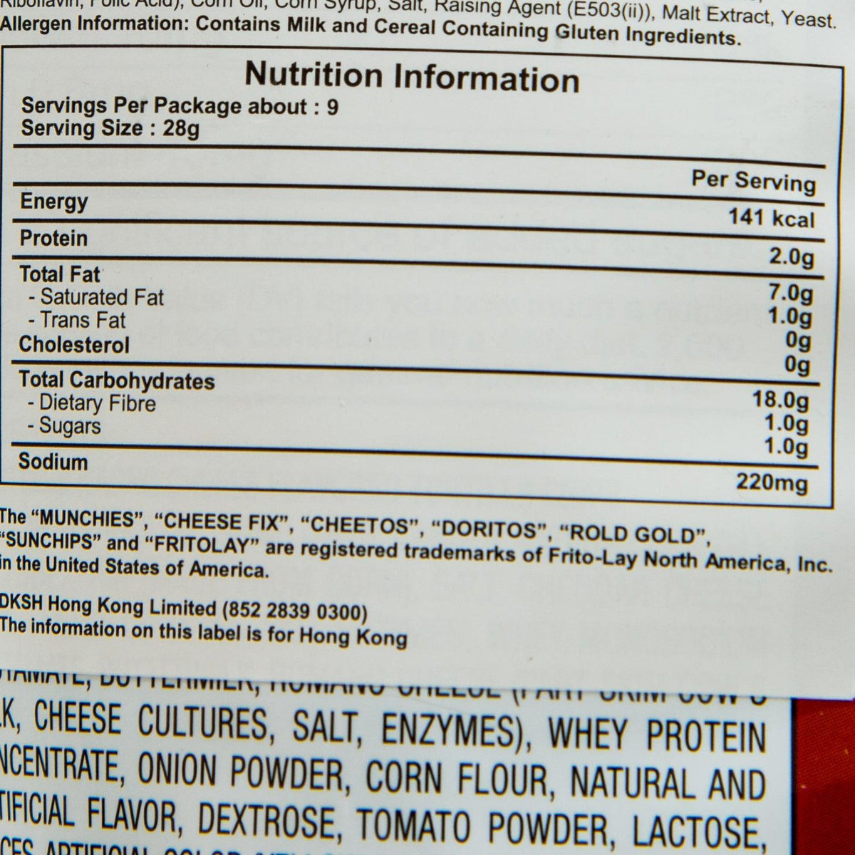 Frito-Lay Munchies snack mix label, nutrition information and ingredient text close-up