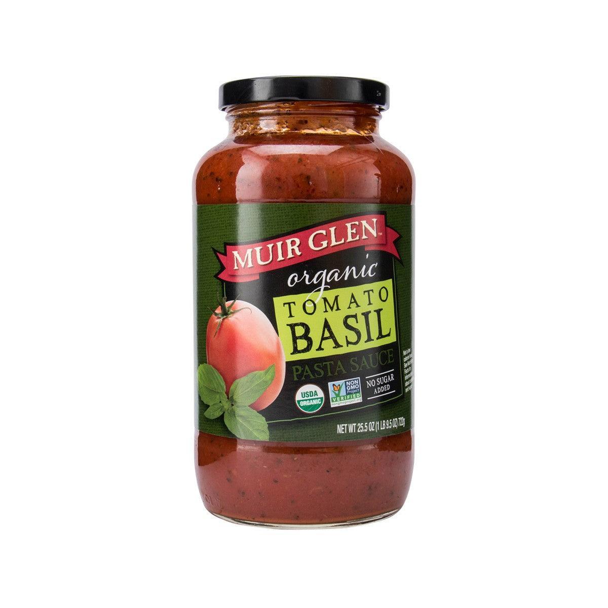 MUIR GLEN organic tomato basil pasta sauce jar with black lid