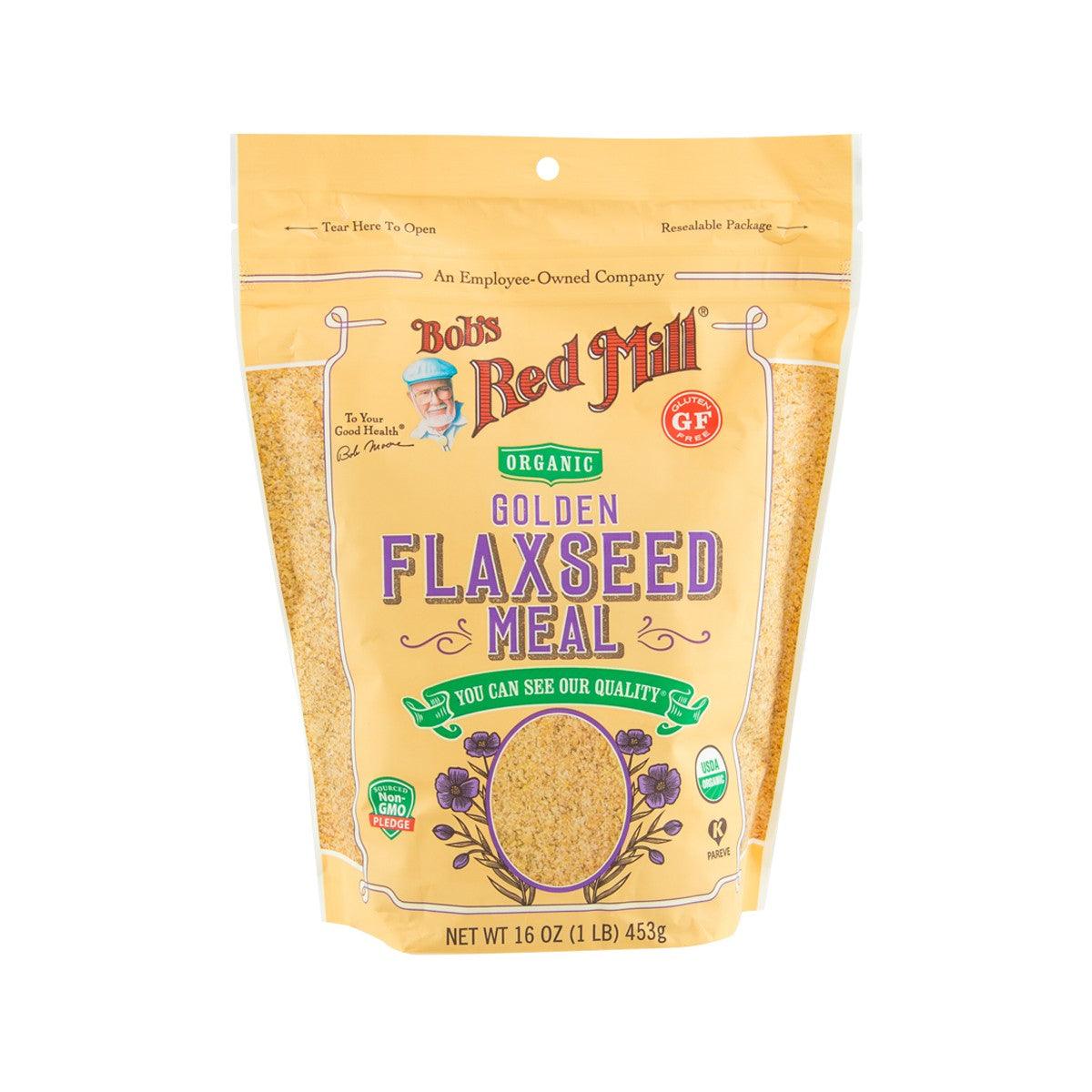 Golden flaxseed meal pouch, organic; resealable stand-up bag with front label.