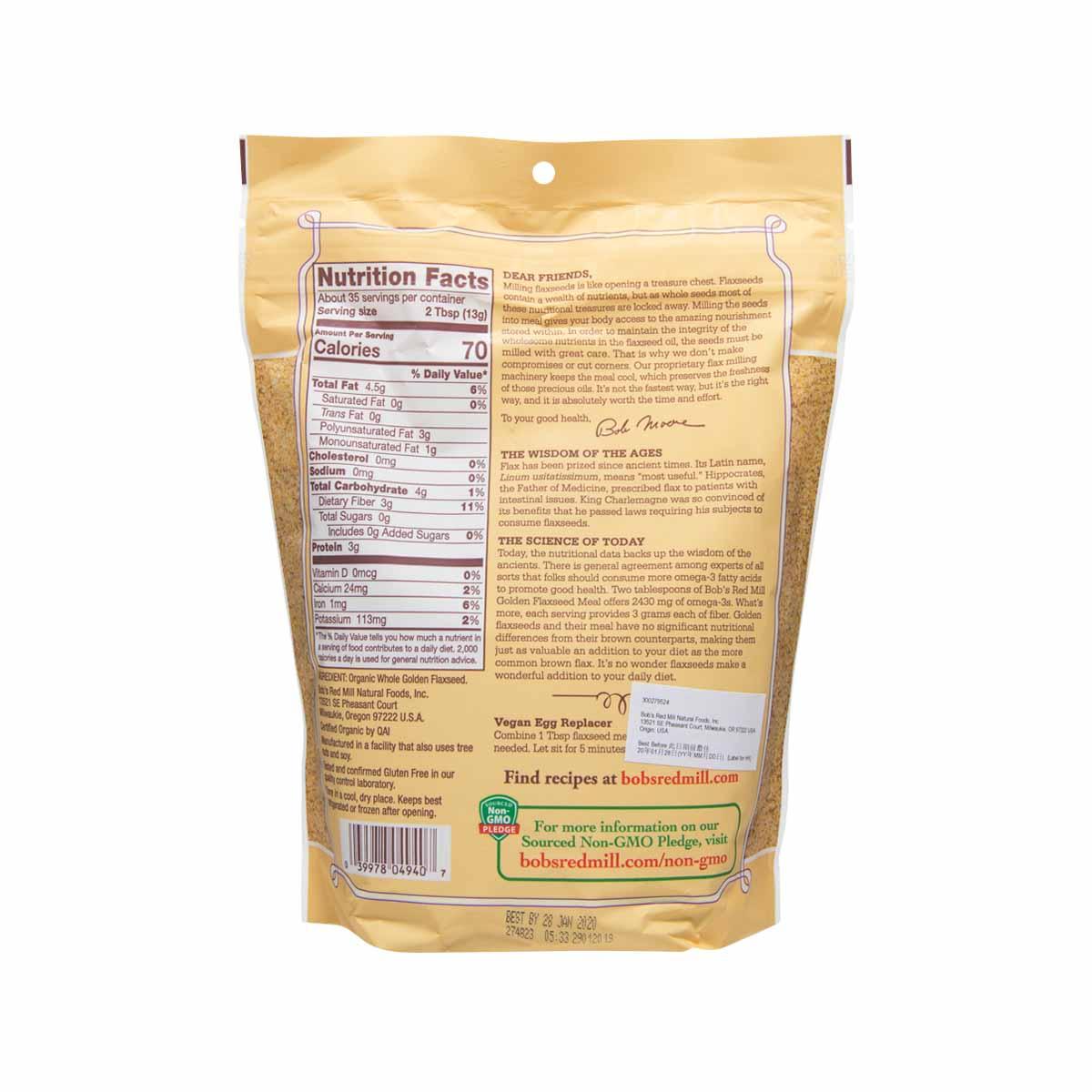 Organic golden flaxseed meal pouch back with Nutrition Facts and barcode.