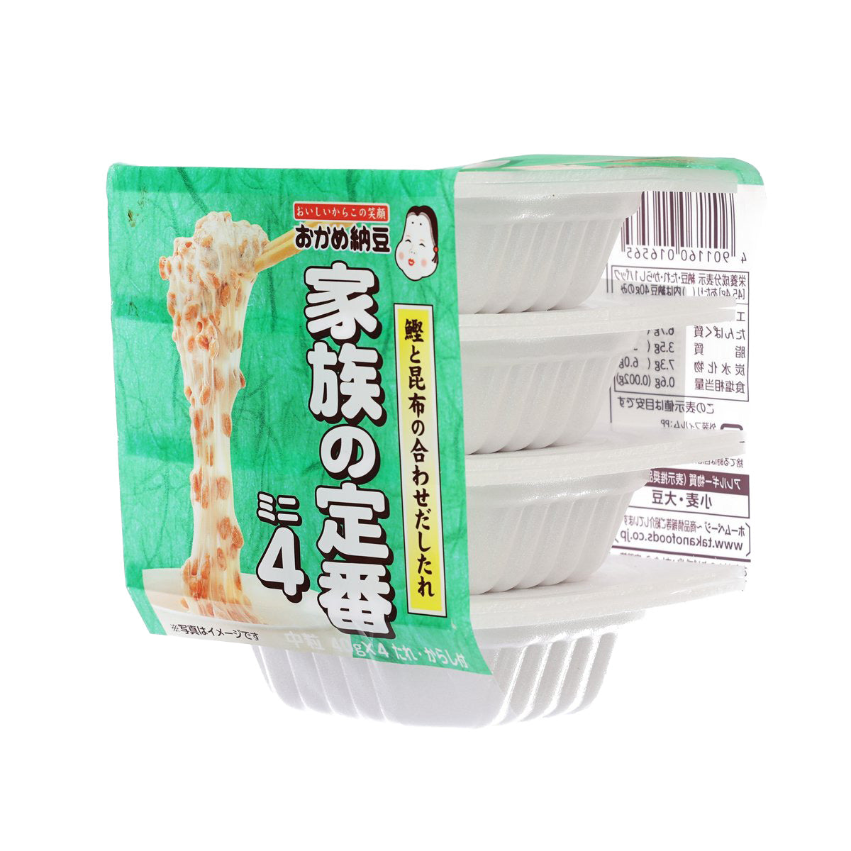 Small grain natto pack, side view with white cups and nutrition label on back