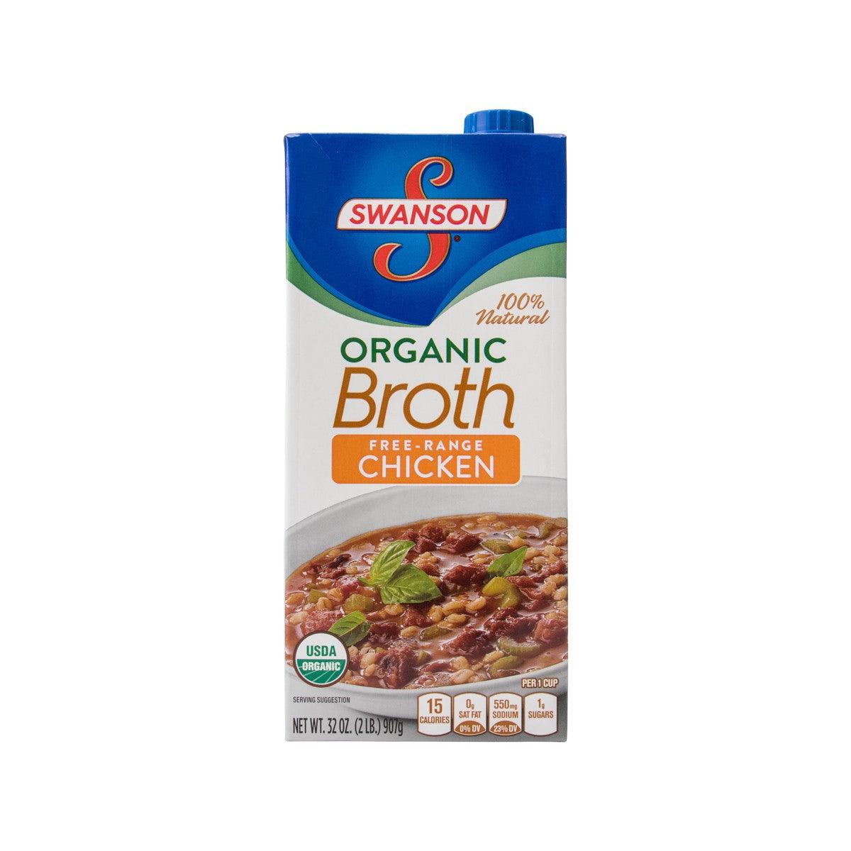 SWANSON organic chicken broth carton, front panel with free-range chicken