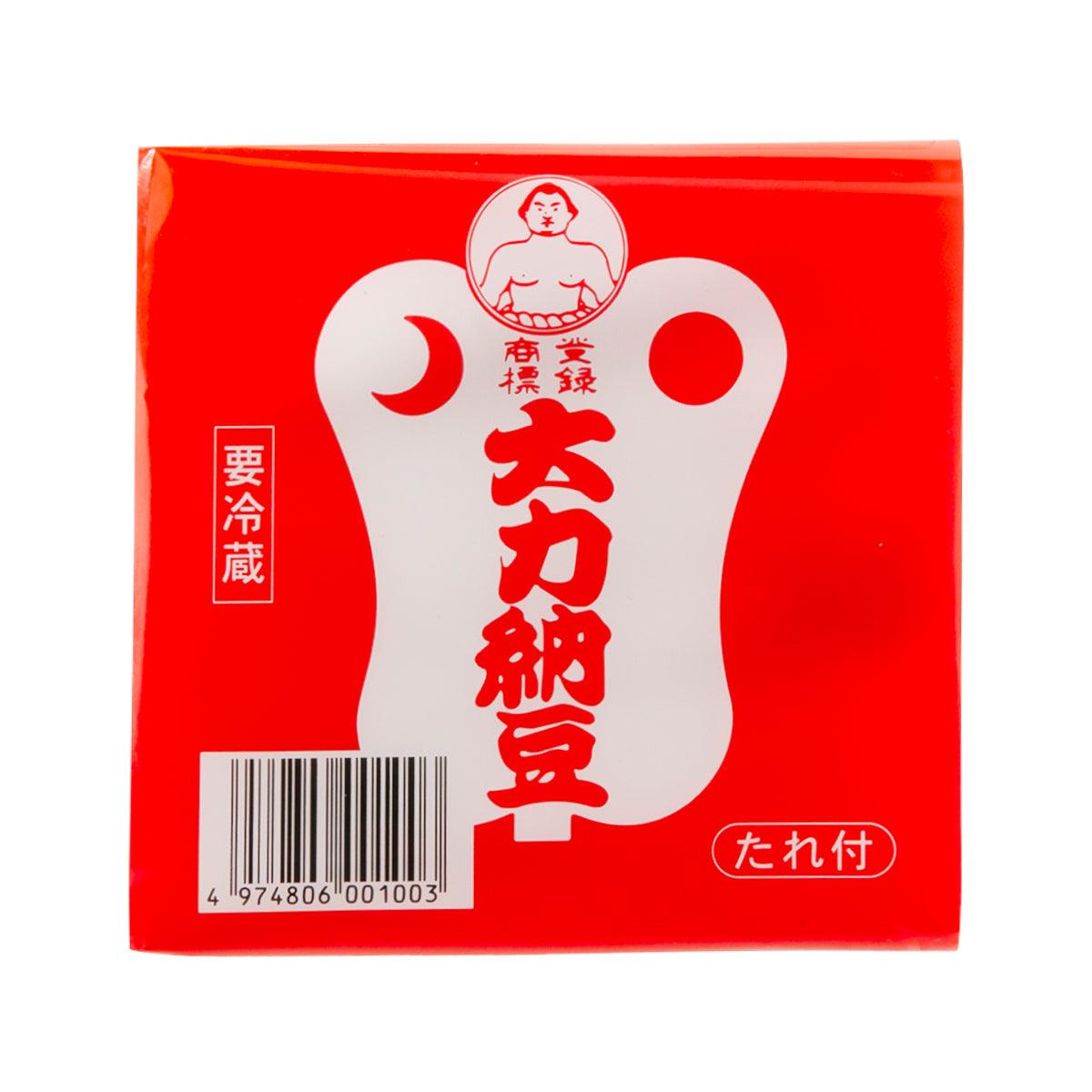 Natto fermented soybeans box, red and white package with barcode