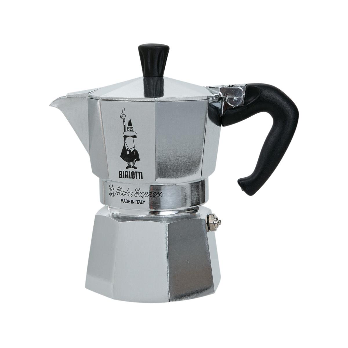 3-cup aluminum moka coffee maker with black handle and knob