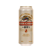 KIRIN Ichibanshibori beer can with gold cap and beige label
