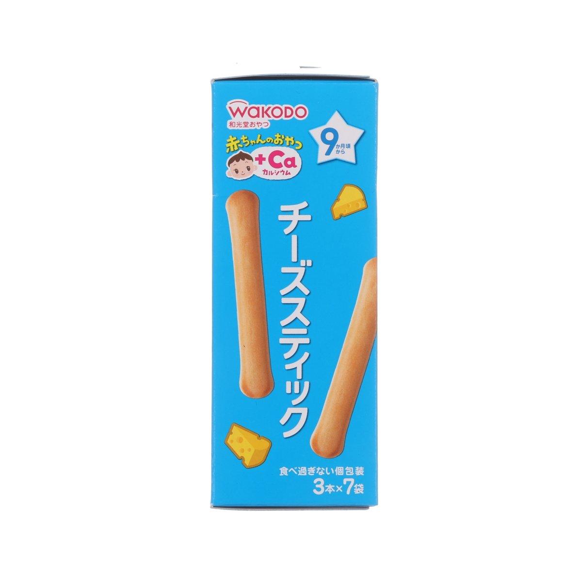 WAKODO cheese biscuit sticks box, blue package with cheese stick image and icons