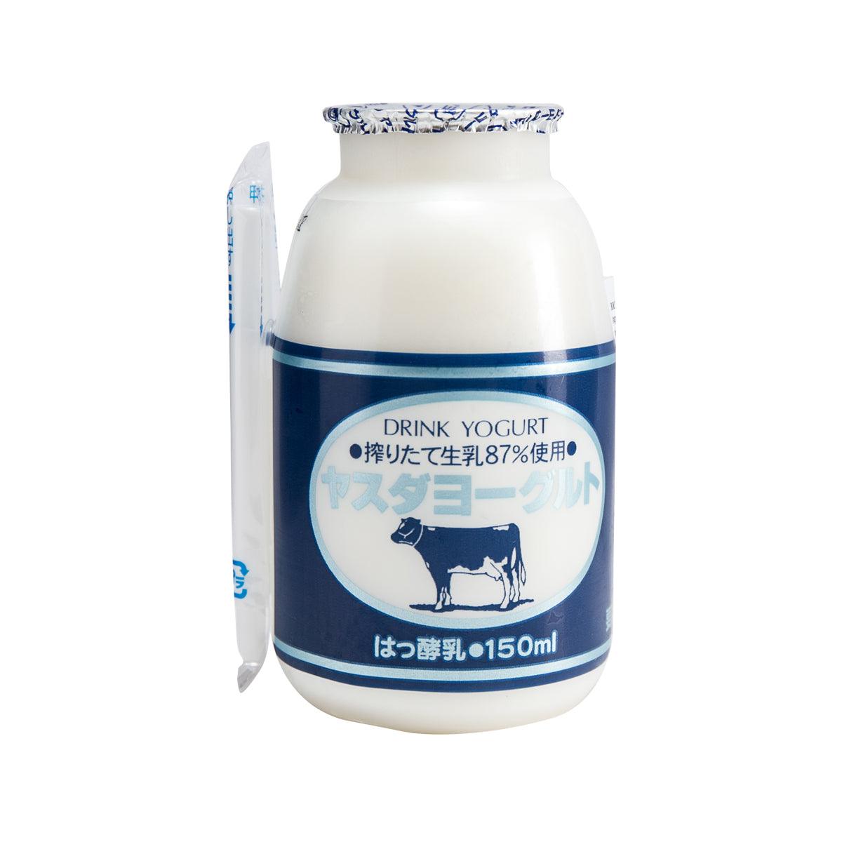 Yogurt drink bottle with white milk and blue label, 150 ml