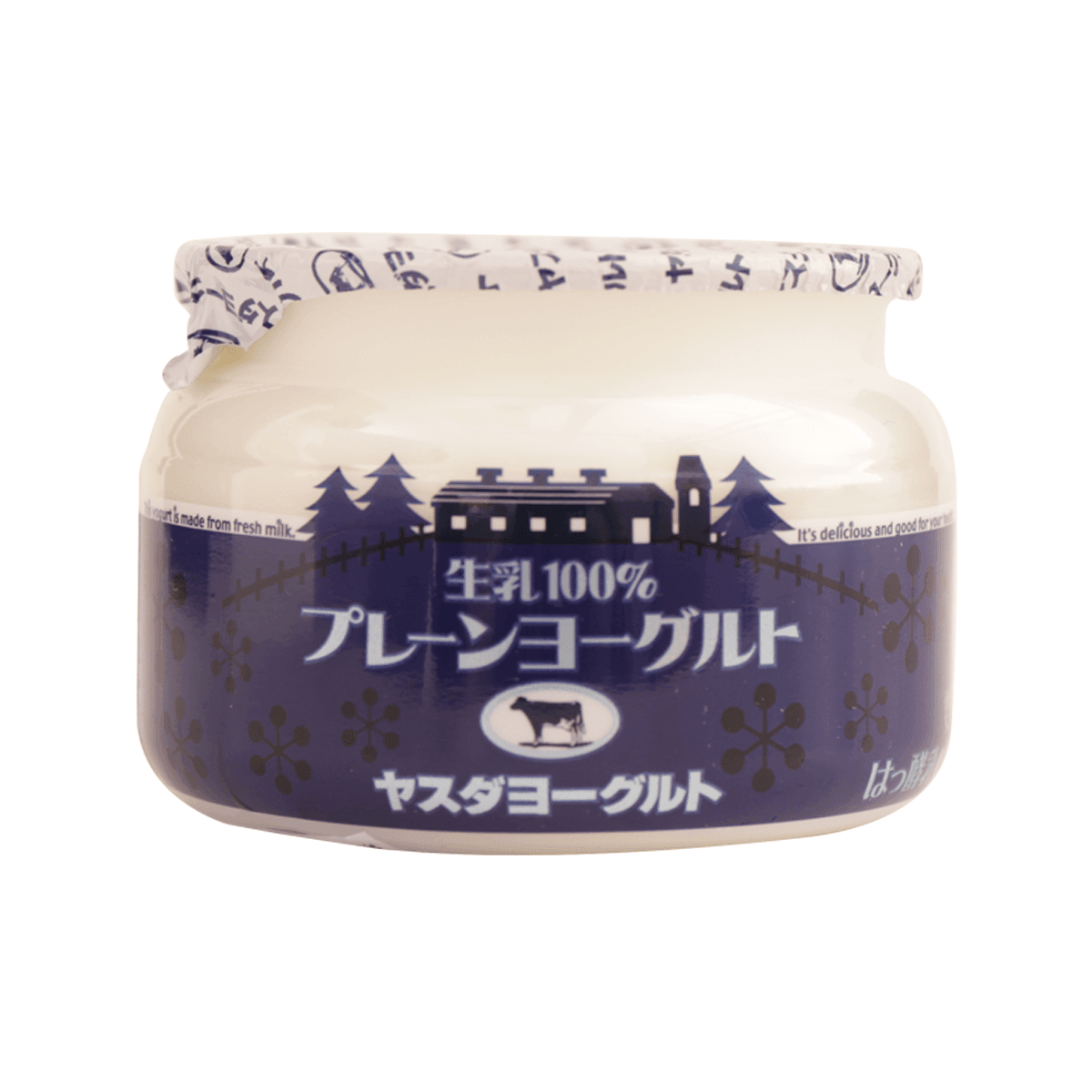 Plain yogurt cup with blue label and patterned lid, 150 g