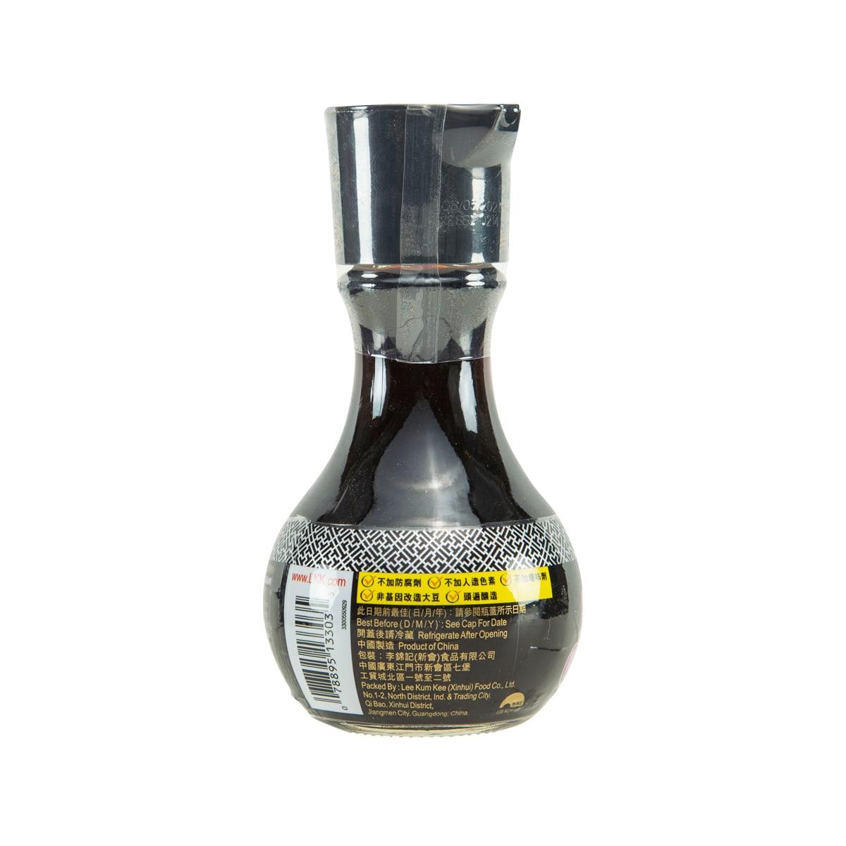 LEE KUM KEE double deluxe soy sauce bottle, dark glass with back label and barcode