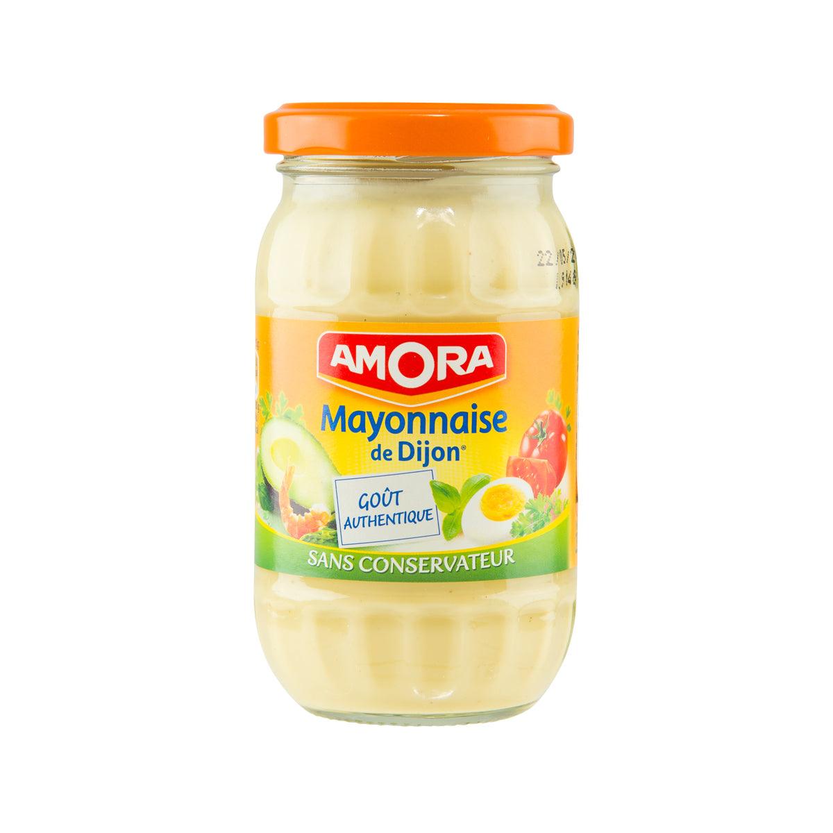 AMORA Dijon mayonnaise jar, orange lid, glass bottle with front label