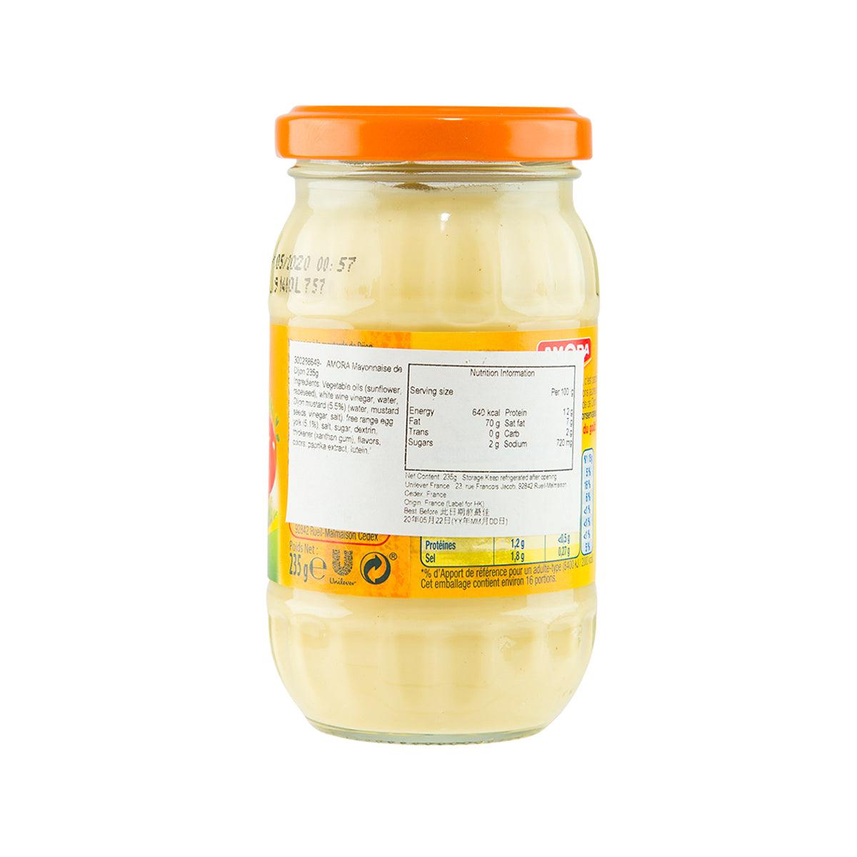 Dijon mayonnaise jar, orange lid, back nutrition label on glass bottle