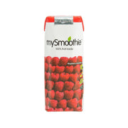 Raspberry smoothie carton by mySmoothie with red raspberry fruit artwork