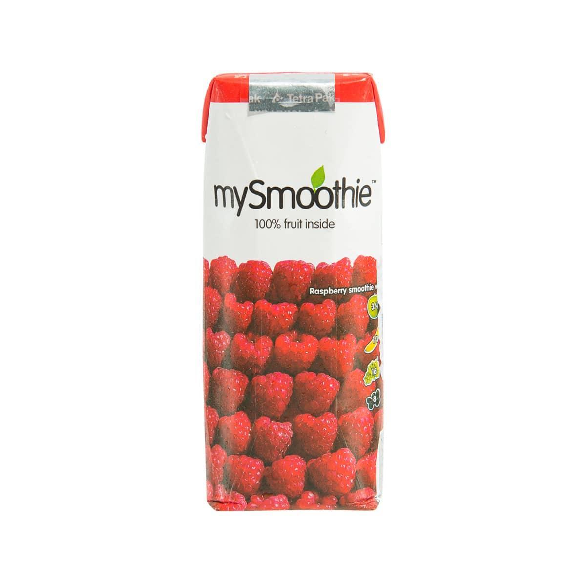 Raspberry smoothie carton by mySmoothie with red raspberry fruit artwork