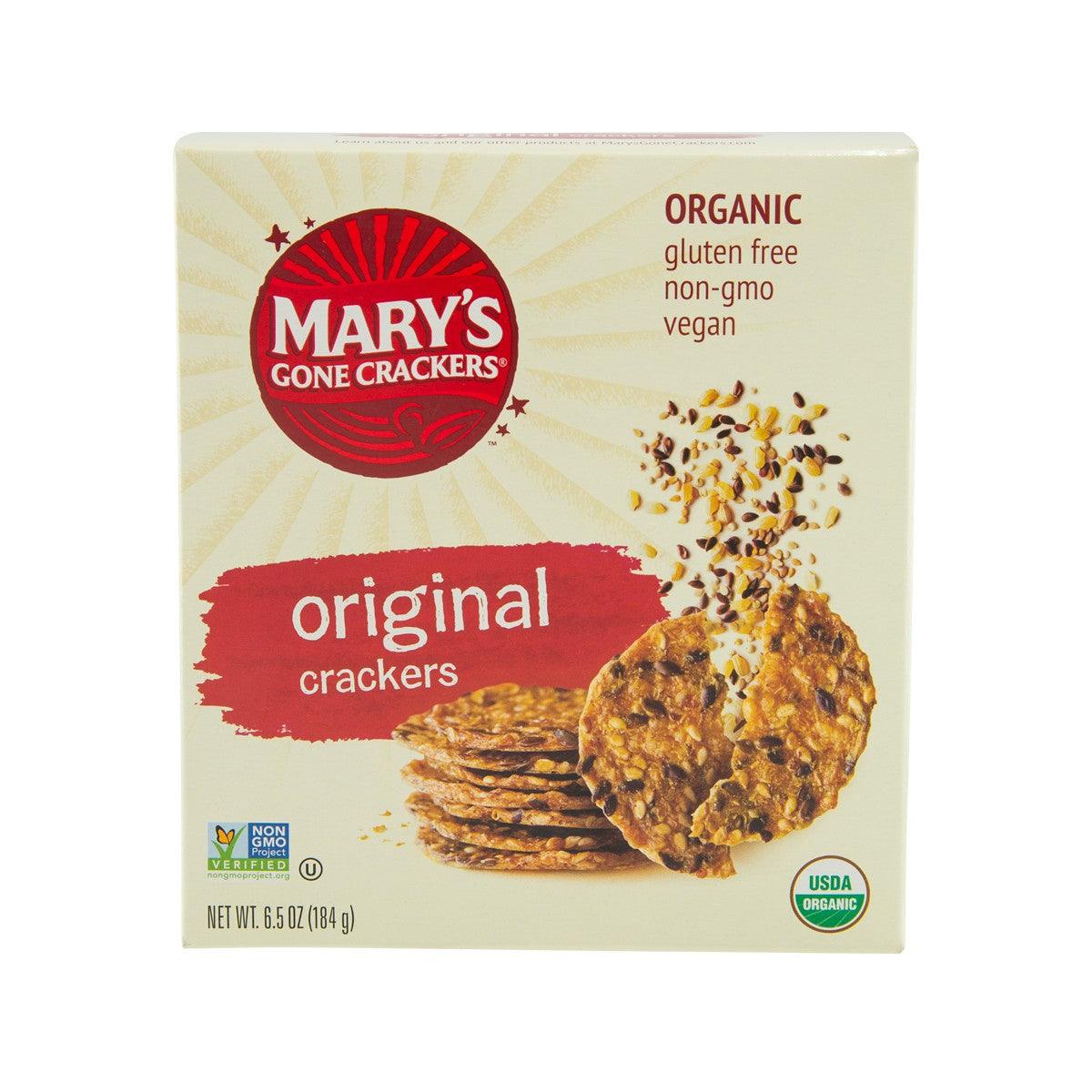 Original gluten-free crackers box with Mary’s Gone Crackers logo and “Organic” badge