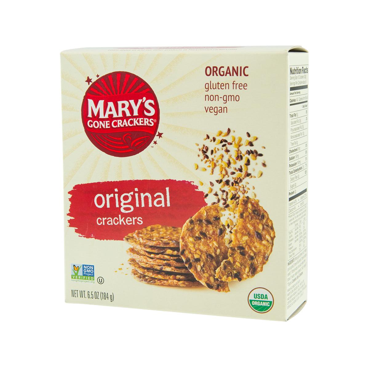 Original crackers box side view with Mary’s Gone Crackers logo and organic label