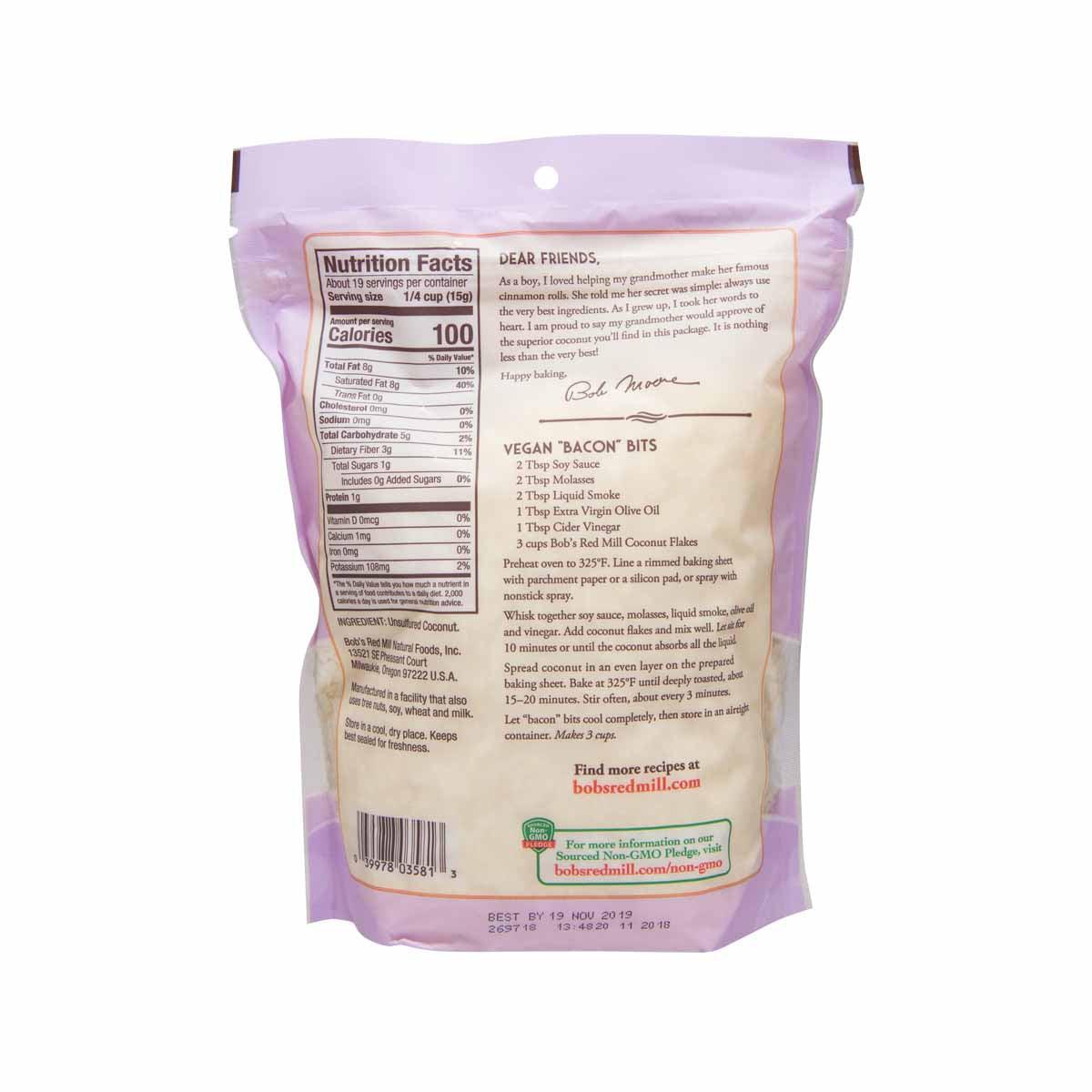 BOB'S RED MILL coconut flakes pouch back with Nutrition Facts and ingredient list