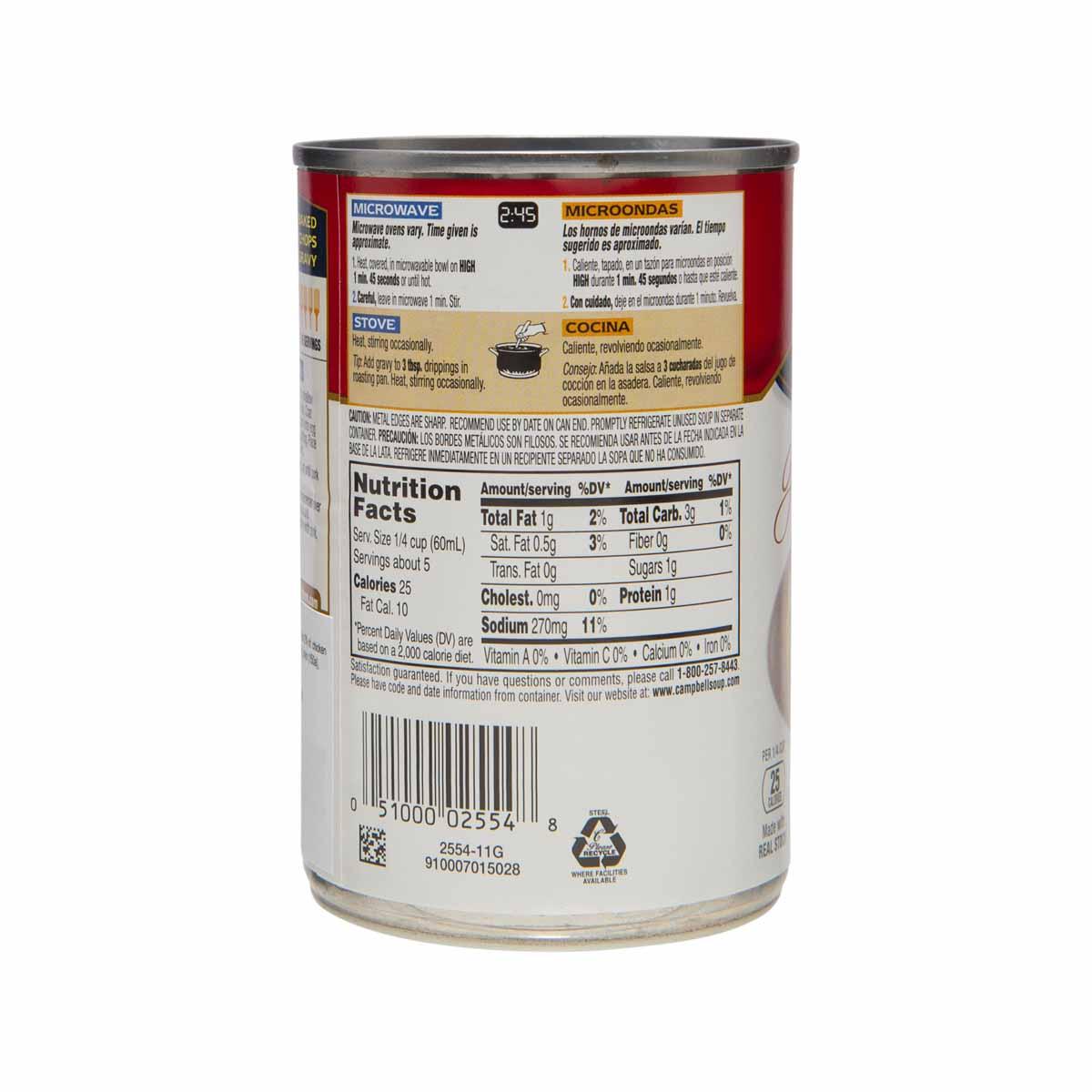 Campbell's Turkey Gravy canned sauce, back label with nutrition info
