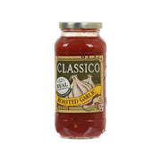 CLASSICO roasted garlic pasta sauce jar with red sauce and gold front label