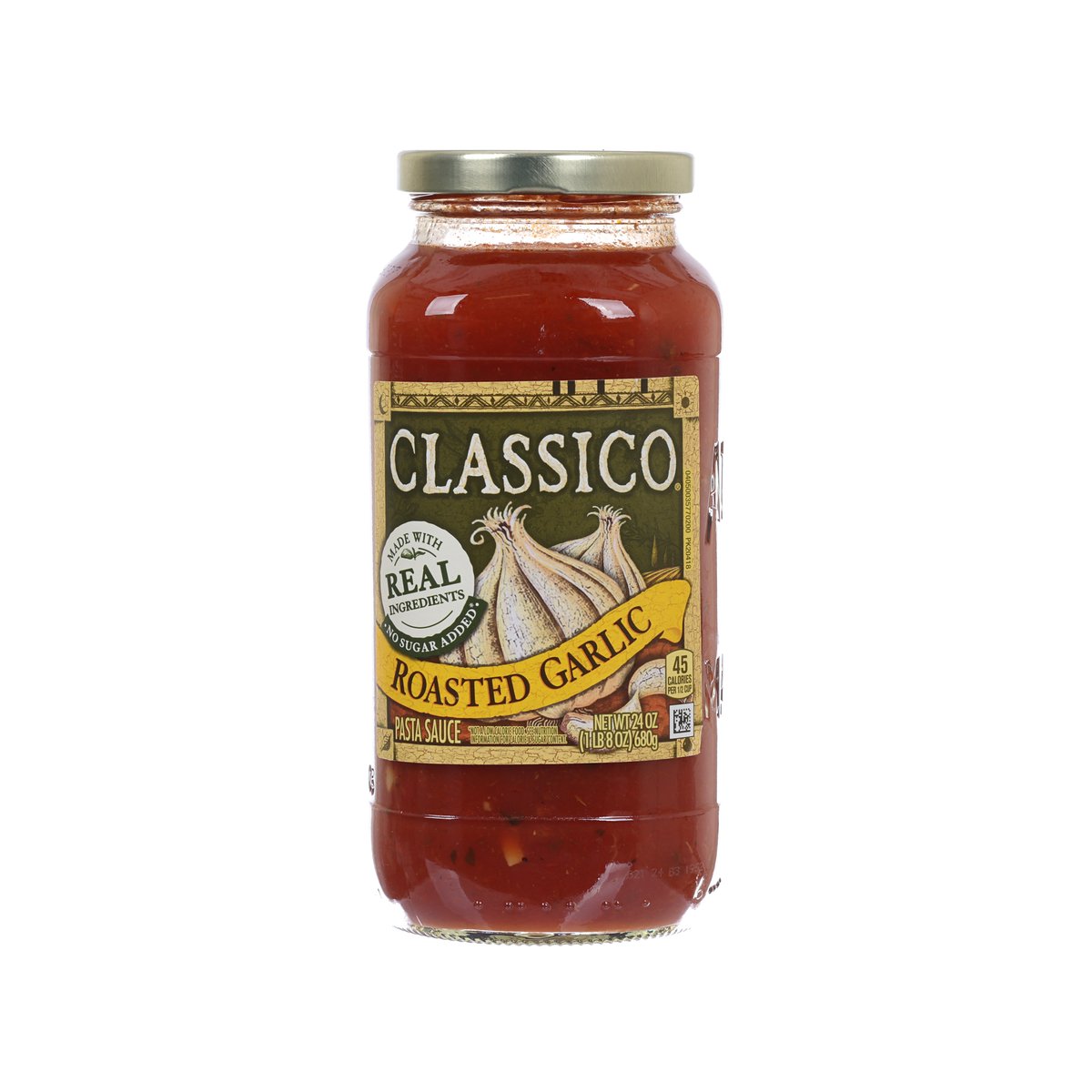 CLASSICO roasted garlic pasta sauce jar with red sauce and gold front label