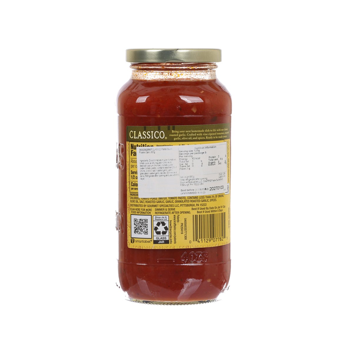 CLASSICO roasted garlic pasta sauce jar with back label and red sauce