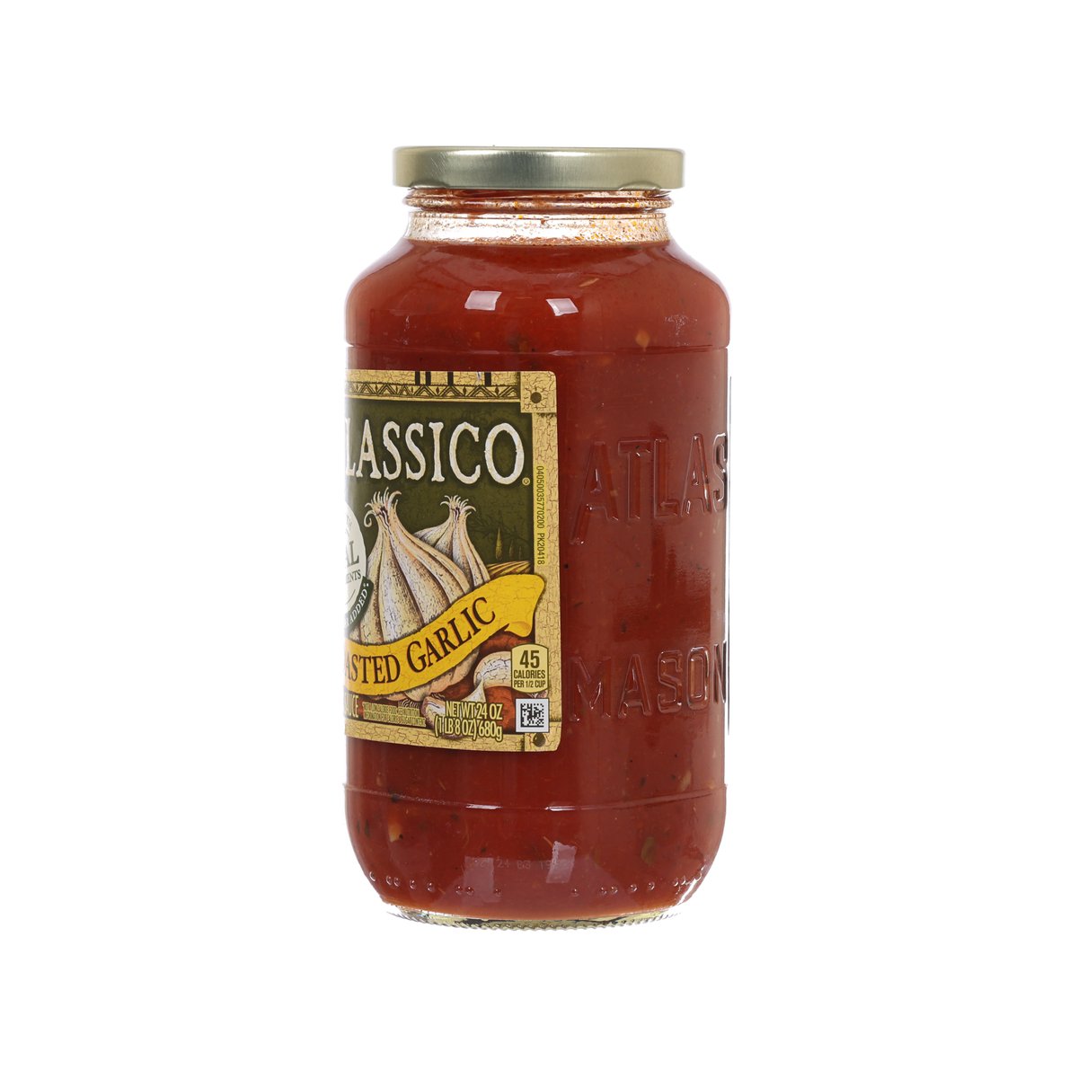 CLASSICO roasted garlic pasta sauce jar with red sauce and side label