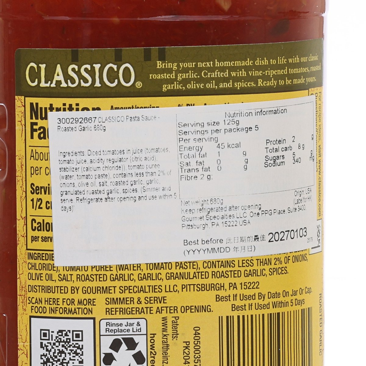 CLASSICO roasted garlic pasta sauce nutrition label on the jar
