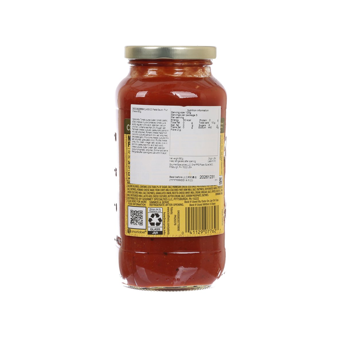 CLASSICO four-cheese pasta sauce jar, nutrition and ingredients back label